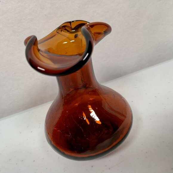 Crackle Glass Pitcher Brown Small Clear Handle Vase Collectible Art 3.75" Tall - Picture 8 of 15